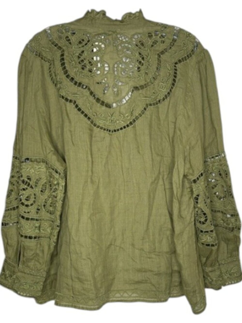 Sundance 2-Piece Embroidered Cutwork Full Sleeved Split Neck Top - XXL - Olive - Picture 5 of 12
